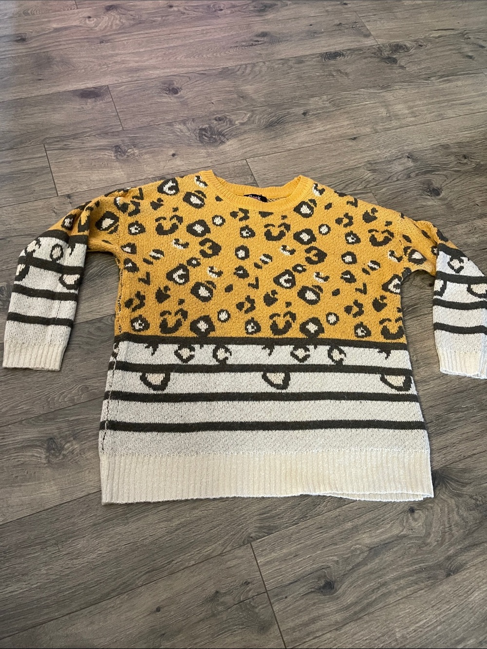 Mustard Leopard and Stripe Knit Sweater